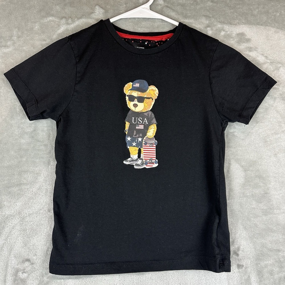Denim & Flower T-Shirt Boy's 7 Black Graphic Print Patriotic Bear